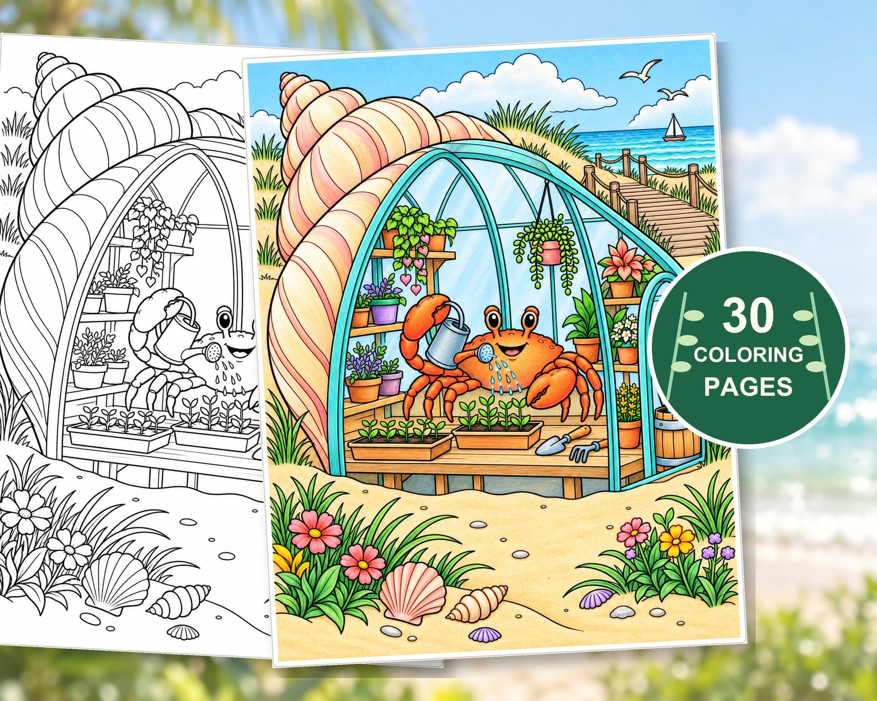 Adult Summer Coloring Pages, 30 Ocean Animals and Botanical Garden Printable PDF preview 2