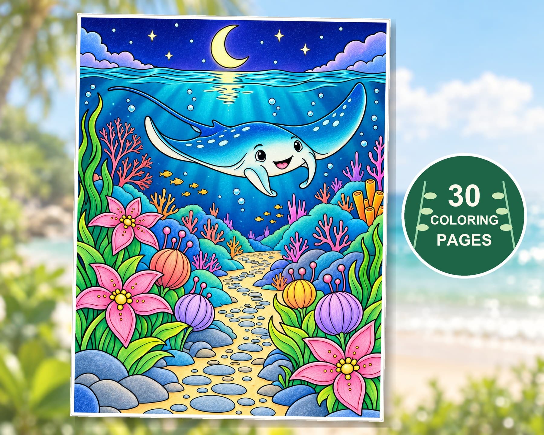 Adult Summer Coloring Pages, 30 Ocean Animals and Botanical Garden Printable PDF preview 3