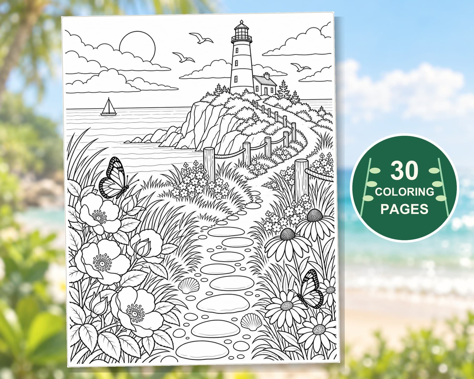 Adult Summer Coloring Pages, 30 Ocean Animals and Botanical Garden Printable PDF preview 4