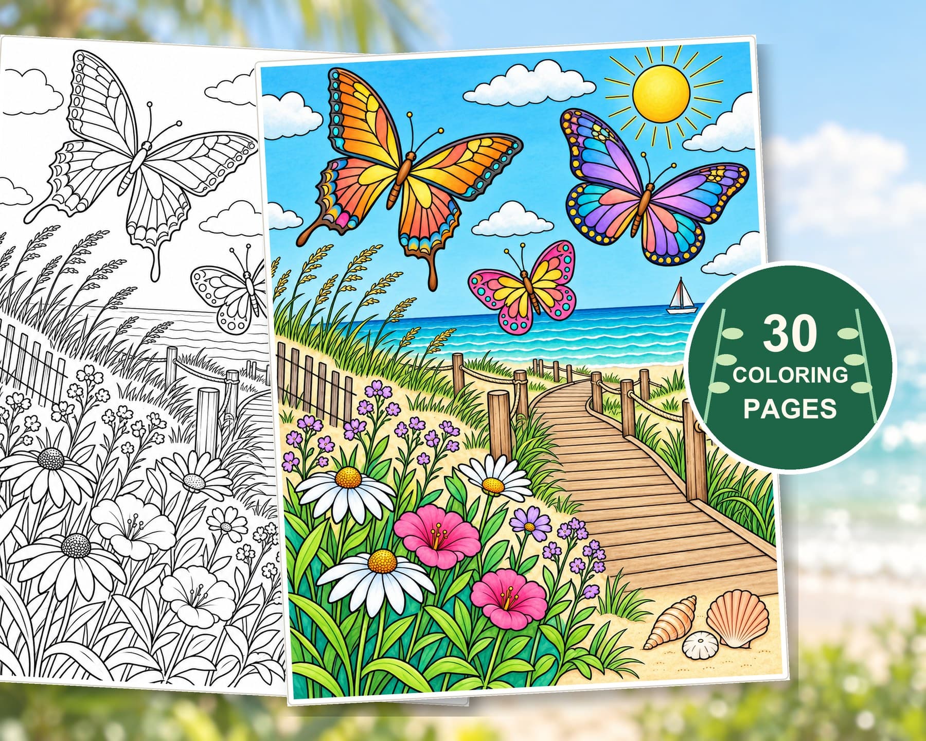 Adult Summer Coloring Pages, 30 Ocean Animals and Botanical Garden Printable PDF preview 5