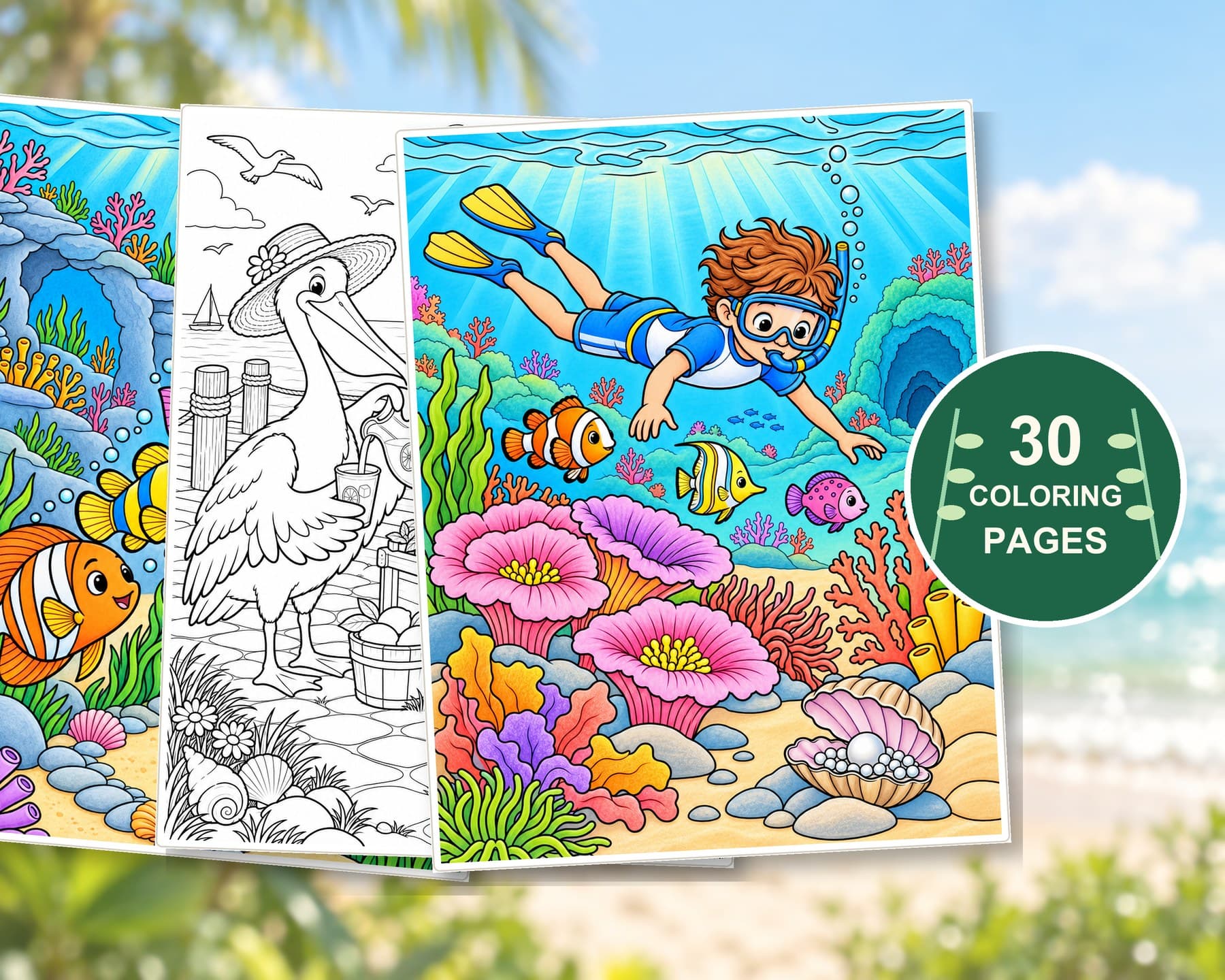 Adult Summer Coloring Pages, 30 Ocean Animals and Botanical Garden Printable PDF preview 6