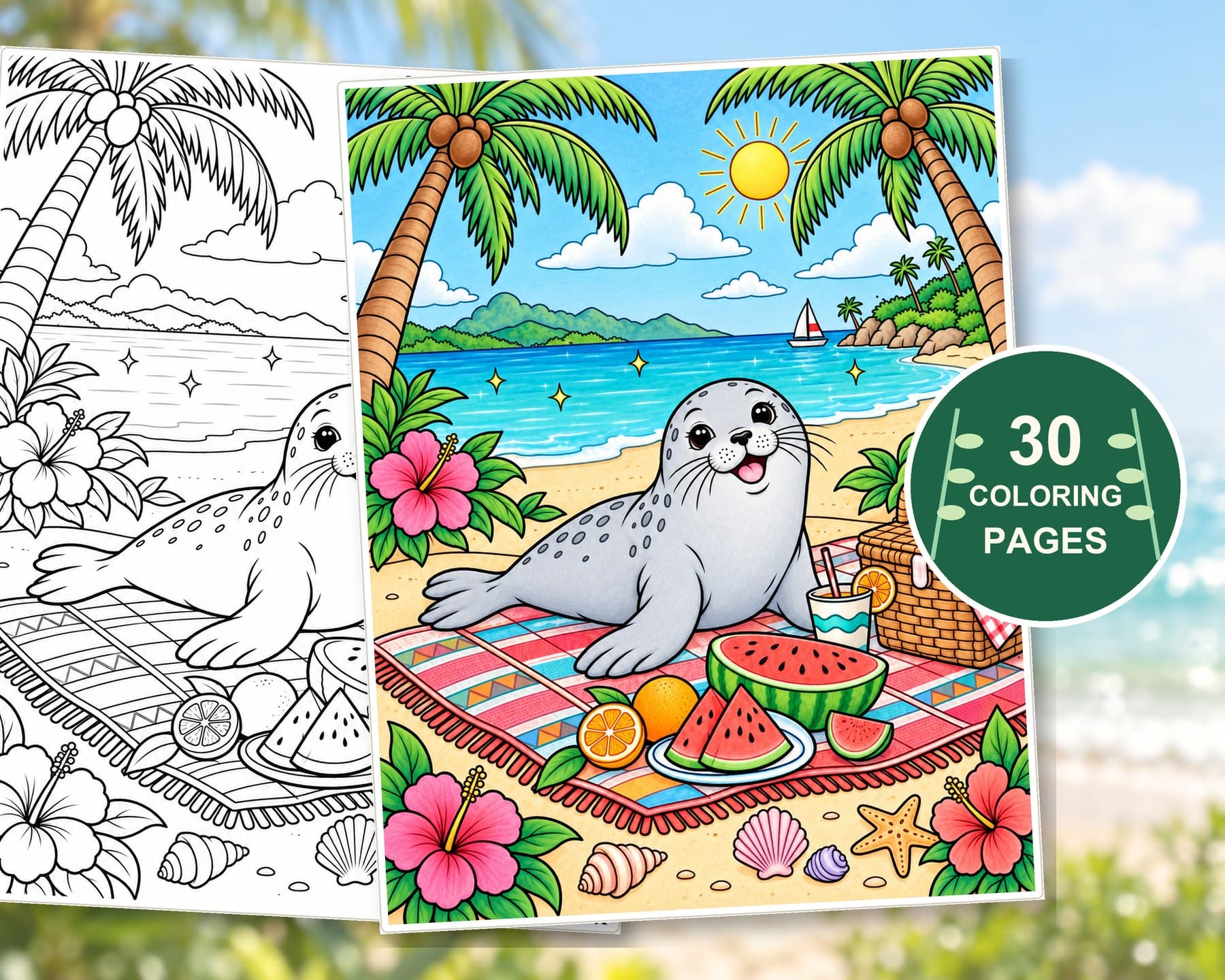 Adult Summer Coloring Pages, 30 Ocean Animals and Botanical Garden Printable PDF preview 7