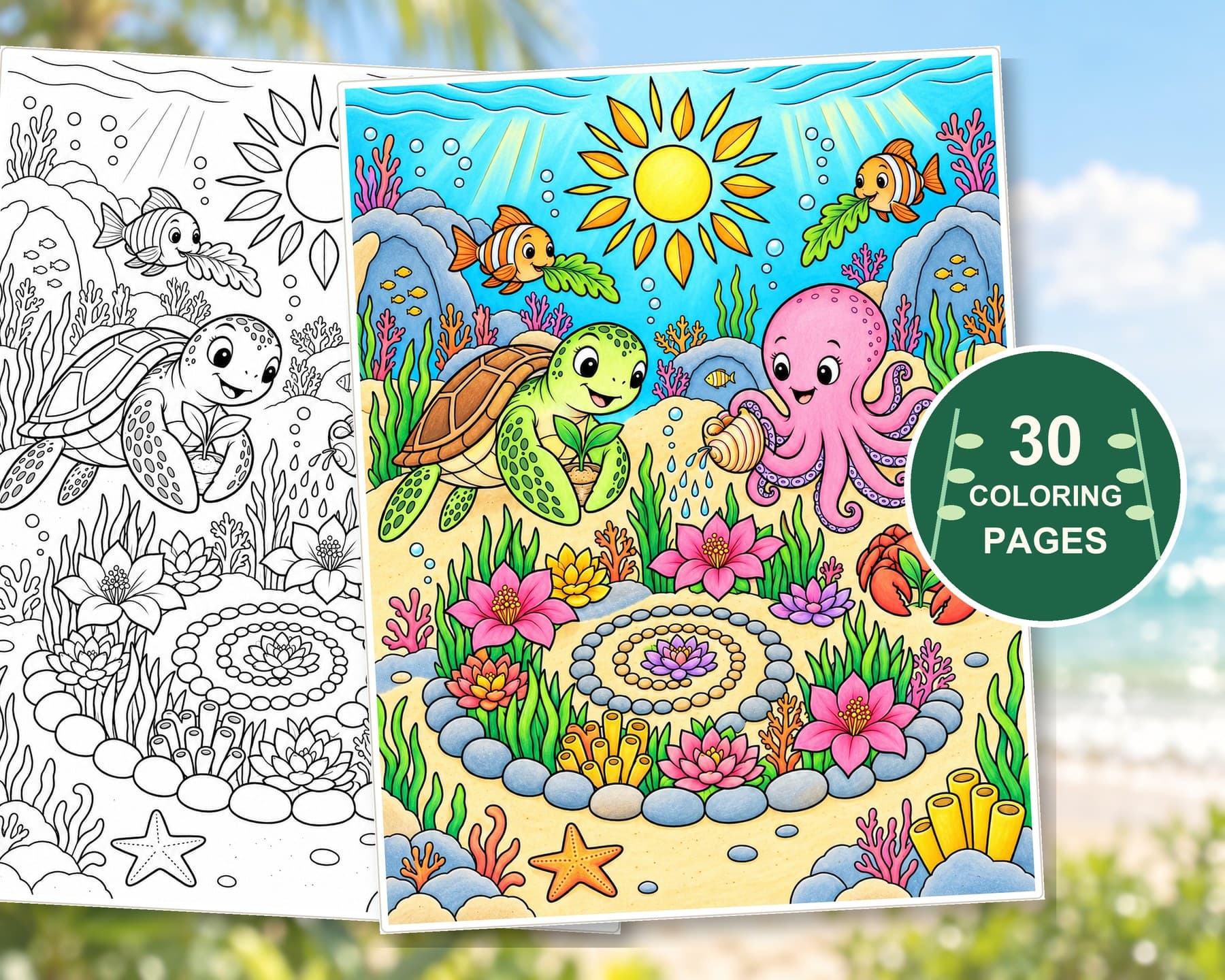 Adult Summer Coloring Pages, 30 Ocean Animals and Botanical Garden Printable PDF preview 10