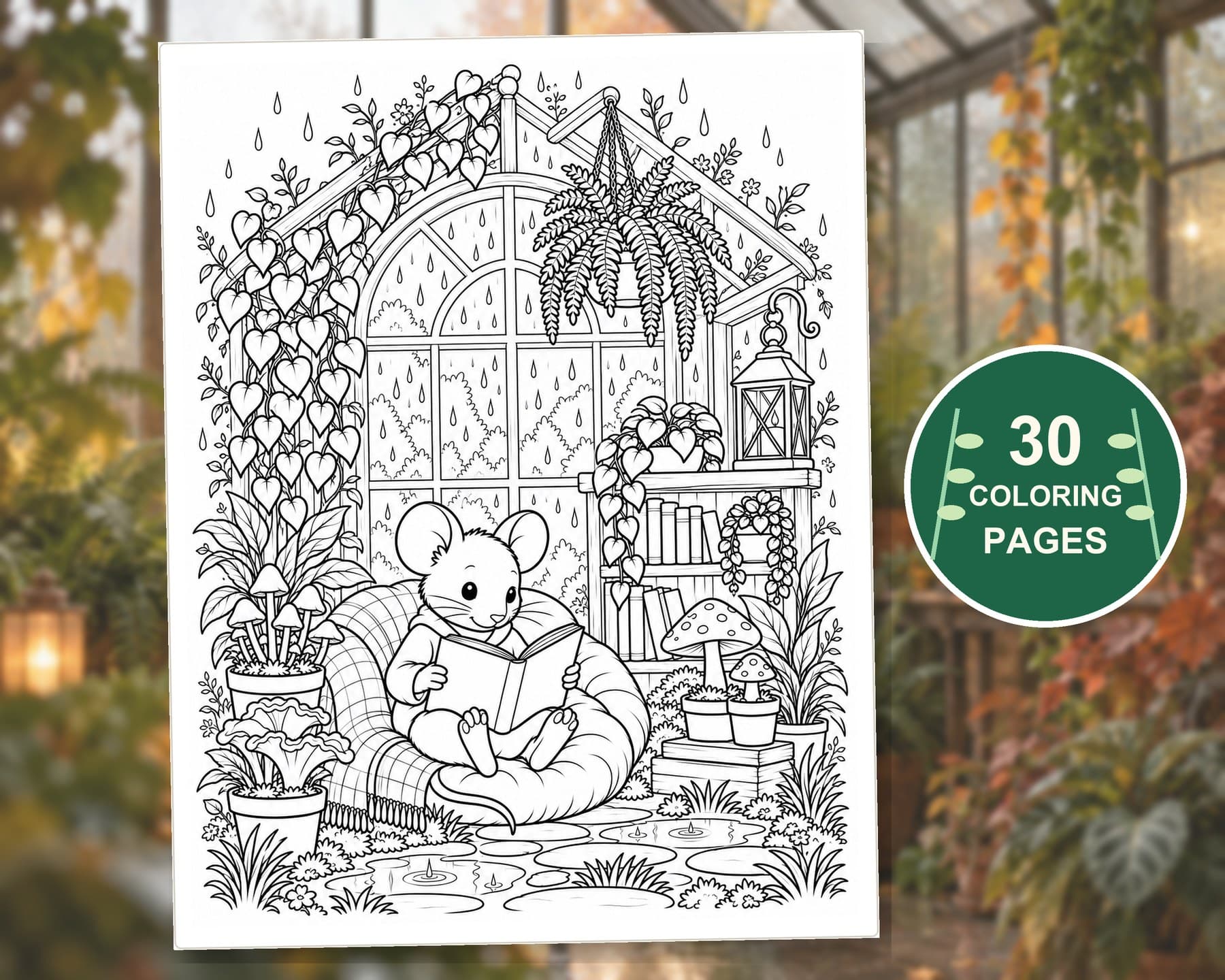 Rainy Greenhouse Reading Retreat: 30 Detailed Coloring Pages preview 9