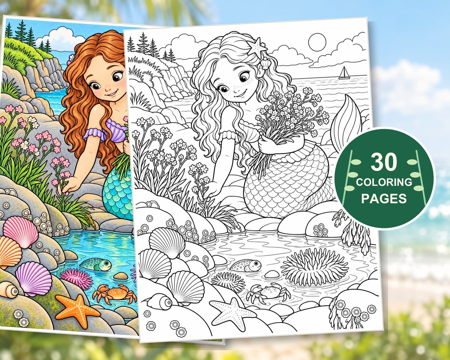 Adult Summer Coloring Pages, 30 Ocean Animals and Botanical Garden Printable PDF